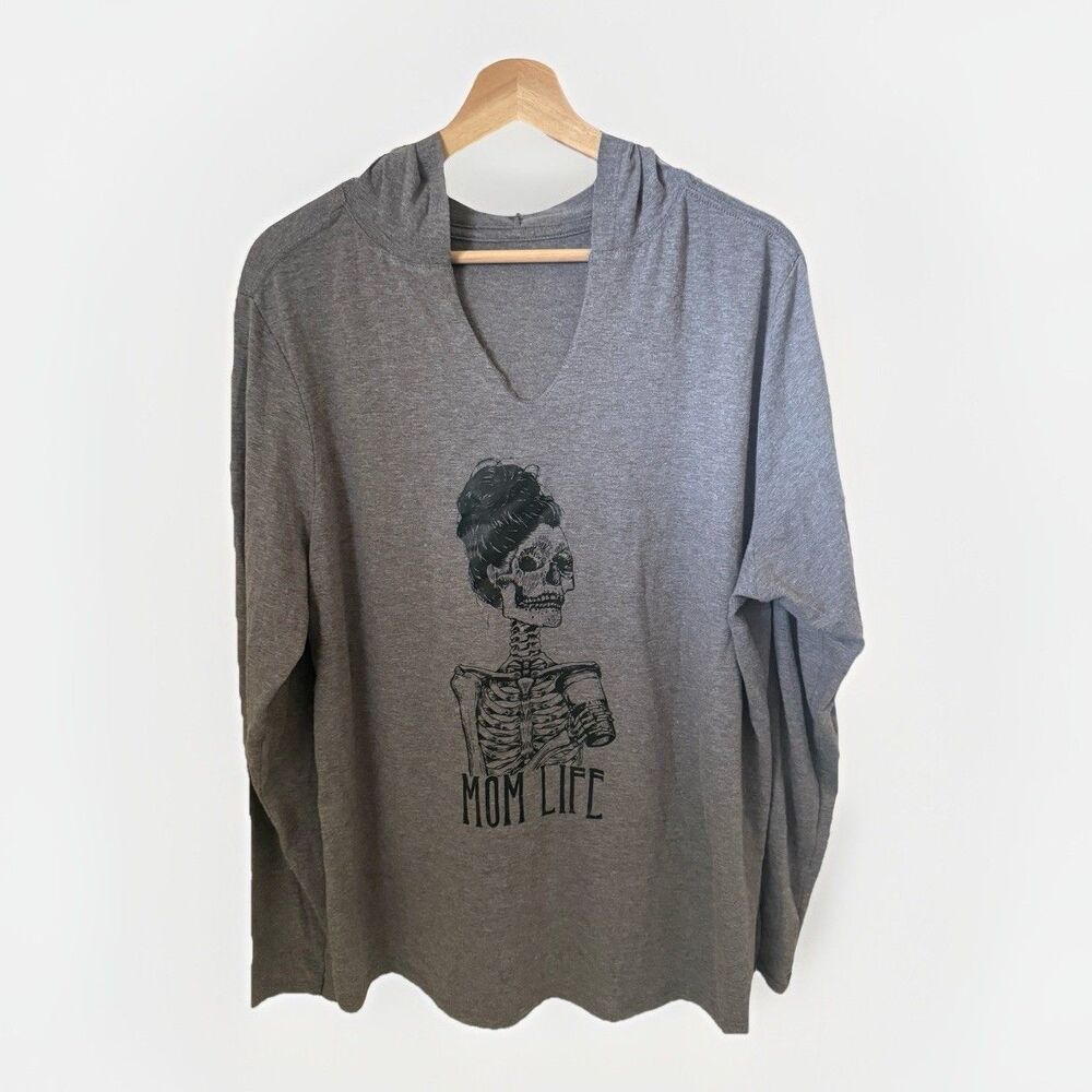 Womens Graphic Long Sleeve T Shirt Cute Mom Skull Coffee Casual Hoodie Size Lg